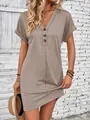 Fashionable taupe V-neck mini dress featuring button details and rolled sleeves - S / Top And Bottom / Khaki