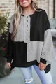Close-up of casual color-block long sweatshirt for women with button placket detail - S / Tops / Black and Gray