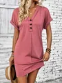 Casual summer V-neck button-down dress with rolled sleeves in dusty pink solid color - Pink