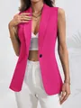 Close-up of vibrant fuchsia sleeveless blazer with shawl collar and single button. - S / Tops / Magenta