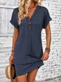 Casual navy blue V-neck short dress with buttons and rolled sleeves for summer - Dark Blue