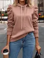 Detail of women's pinkish-brown hoodie featuring fashionable puff sleeves and hood - S / Tops / Lotus Pink