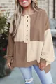 Detail view of a casual color-block patchwork long-sleeve sweatshirt with buttons. - S / Tops / Two-Tone Khaki