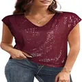 Elegante top de lentejuelas con cuello en V en color vino tinto, camiseta para mujer - S / Tops / Burdeos
