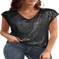 Primer plano de la textura brillante de este elegante top negro de lentejuelas con cuello en V - S / Tops / Negro