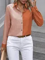 Vue détaillée d'une chemise décontractée bicolore à manches longues pour femmes - Orange Patchwork