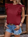 Close-up of burgundy top featuring criss-cross pleats and elegant ruffled sleeves - S / Tops / Burgundy