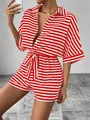 Women's chic red and white horizontal striped short sleeve shirt and belted shorts set - S / Top And Bottom / Red
