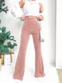 Full-length detail shot of pink high-waisted corduroy flared pants on a female model - S / Bottom (AXR423) / Pink
