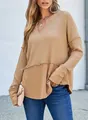 Elegant khaki long-sleeved waffle knit contrast top for women featuring a notched V-neckline - S / Tops / Khaki