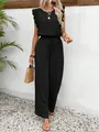 Elegante conjunto de verano de dos piezas negro con top sin mangas con volantes y pantalón ancho - S / Top Y Pantalón / Negro
