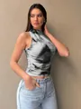 Close-up of trendy tie-dye mesh sleeveless tank top showing fabric print and fit - S / Tops / Gray-black Gradient