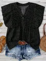 Schwarze gepunktete V-Ausschnitt Bluse mit Prinzessärmeln und kurzen Denim-Hosen - Schwarz