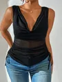 Front view of black sleeveless V-neck top with sheer mesh waist and side drawstrings - S / Tops / Black