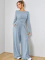 Completo due pezzi casual celeste con maglia a maniche lunghe e pantaloni a gamba larga - Taglia S / Top E Pantaloni / Azzurro