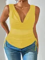 Stylish yellow sleeveless V-neck top featuring cowl neck and side drawstring details - S / Tops / Yellow