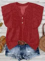 Close-up of a red V-neck chiffon blouse with white polka dots and pleated details - S / Tops / Brick Red