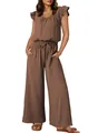 Close-up detail view of brown pleated sleeveless jumpsuit with ruffled sleeves and pockets - S / Top And Bottom / Khaki