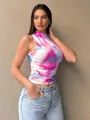 Detailed shot of woman wearing a vibrant colorful tie-dye print mesh tank top in street style - S / Tops / Rose Light Blue Gradient