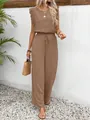 Detalle de conjunto de verano marrón sin mangas con encaje y pantalones anchos - S / Top Y Pantalón / Caqui