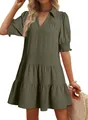 Detail view of women's olive green tiered dress with V-neck and pleated puffed sleeves - Army Green