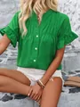 Camicia verde a maniche corte con volant e colletto alla coreana da donna - Taglia S / Top / Verde