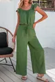Full view of a green ruffled jumpsuit with wide legs and drawstring waist detail. - S / Top And Bottom / Green