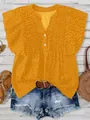 Close-up of yellow polka-dot V-neck chiffon blouse with elegant ruffle sleeves - S / Tops / Orange