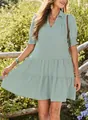 Close-up of sage green tiered dress with smocked sleeves and V-neck collar. - S / Dresses / Light Green