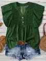 Close-up of green V-neck polka dot blouse with pleated front and flutter sleeves - S / Tops / Green