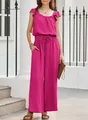 Elegant fuchsia sleeveless jumpsuit featuring ruffled shoulders and a square neck. - Rose Red