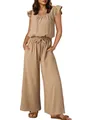 Close-up of beige ruffle sleeve jumpsuit featuring textured fabric and wide-leg design - S / Top And Bottom / Apricot