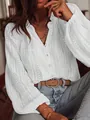 Elegant white hollow-out lace V-neck button-down shirt with long lantern sleeves - S / Tops / White