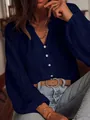 Stylish navy blue lace V-neck blouse showing hollow-out texture and white buttons - S / Tops / Navy Blue