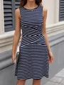 Detailed view of navy blue and white striped sleeveless midi dress with pleated waist - S / Black & White Stripes
