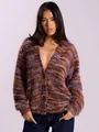 Professional model wearing a fuzzy multi-colored striped knit cardigan with deep V-neck buttons - Burgundy
