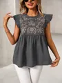 Close-up of ethnic floral embroidery on dark grey ruffle sleeve blouse for women - S / Tops / Gray