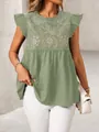 Detail of olive green ethnic embroidered blouse with flutter sleeves on model - S / Tops / Light Green