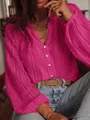 Close-up detail of a pink hollow lace V-neck shirt featuring elegant button-down design - S / Tops / Rose Red
