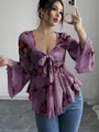 Elegante camicetta floreale francese con scollo quadrato e dettaglio a fiocco per donna. - Viola scuro
