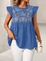 Close-up of blue ethnic embroidered blouse with stylish flutter sleeves for women - S / Tops / Blue