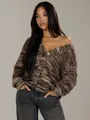Model wearing a vintage deep V-neck shaggy plush cardigan in earthy Maillard colors - S / Tops / Coffee