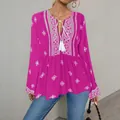 Vintage magenta boho blouse with white embroidery, tassel ties, and lantern sleeves. - S / Tops / Magenta