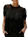 Detail of black velvet top with mesh yoke and lace embroidery - S / Tops / Black