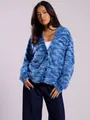 Close-up of a stylish blue hairy knit cardigan with a deep V-neck and buttons - S / Tops / Blue