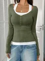Detail view of olive green halter fake two-piece long sleeve top with button-up Henley neck - Army Green