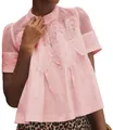 Détail d'un chemisier rose évasé avec broderie dentelle et empiècements mesh - Rose