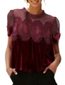 Close-up of elegant burgundy velvet top with mesh embroidery and lace detailing - S / Tops / Burgundy
