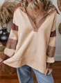 Casual φούτερ με βαθιά λαιμόκοψη V και ριγέ patchwork μακριά μανίκια σε μπεζ χρώμα - 2XL / Tops / Χακί