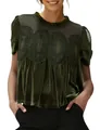 Close-up detail of a dark green velvet blouse with elegant mesh and lace embroidery accents - S / Tops / Army Green